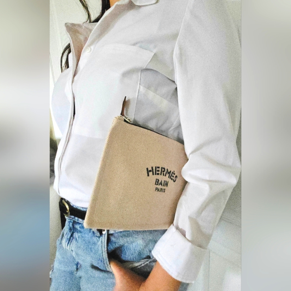 Hermes Beige Canvas 'Hermes Bain' Crossbody with Orange Strap - Picture 8 of 16